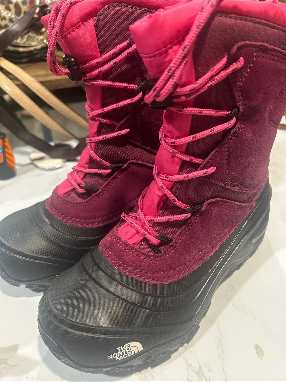 The North Face Kids Waterproof Snow Boots in Burgundy and Pink